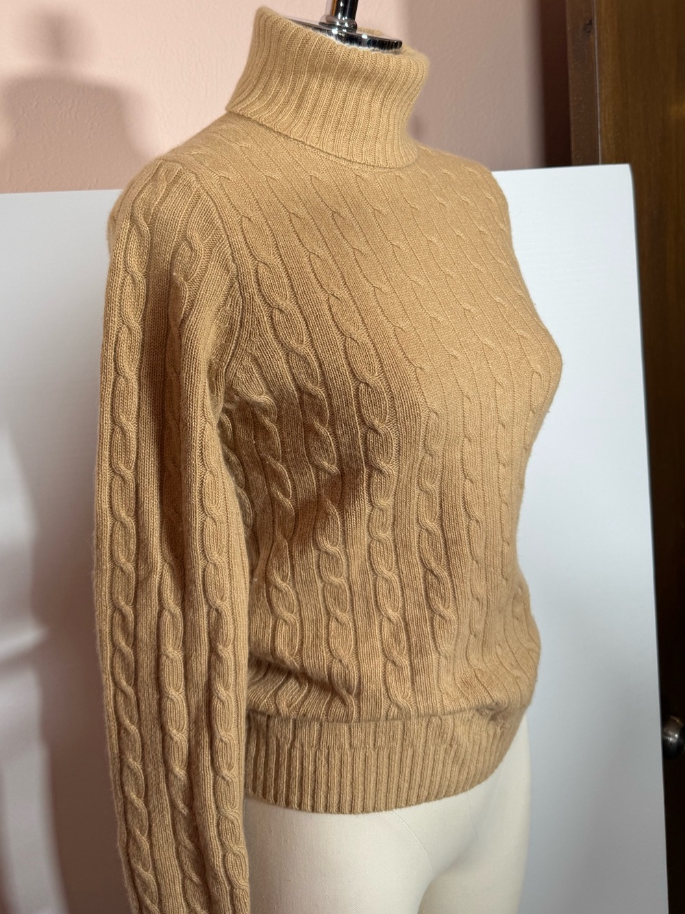 J.Crew wool Angora Camel Tan cable knit Classic turtleneck Sweater small